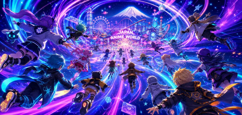 光の渦を抜けてJAPAN ANIME WORLDへ集うアニメキャラクターたち。メタバースJAWのイメージ。